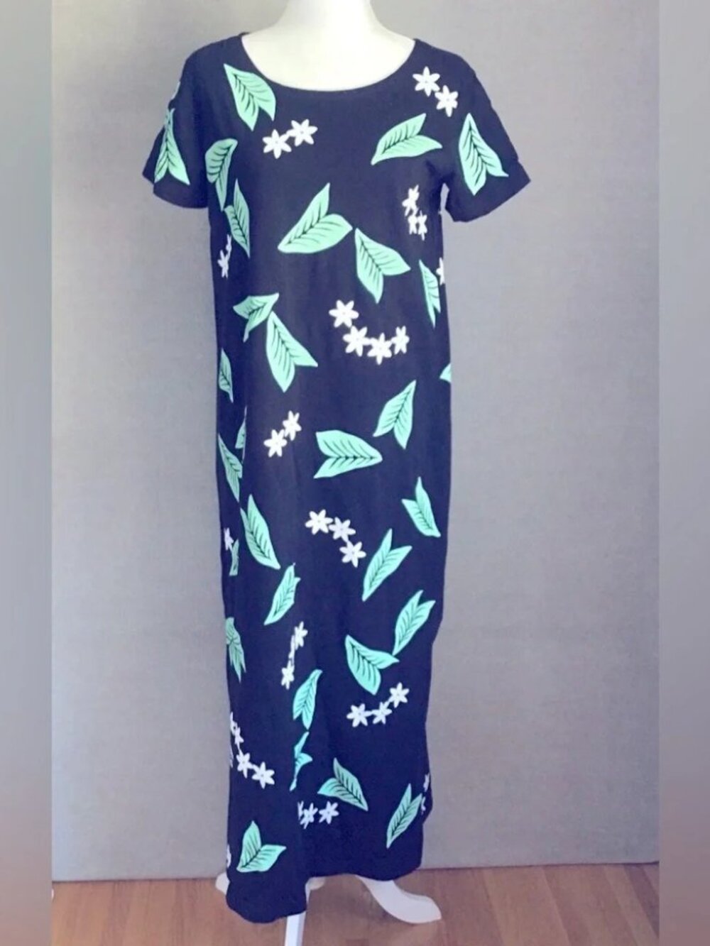 M.Mac Palm Leaves Black Ankle Length Cotton Dress Size Small